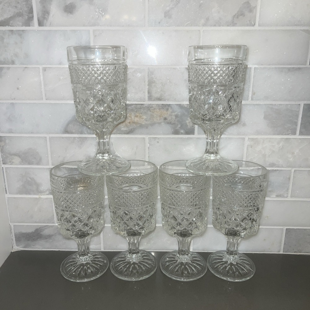 6~Vintage ANCHOR HOCKING WEXFORD Claret Wine Glasses 6 1/2" Pressed